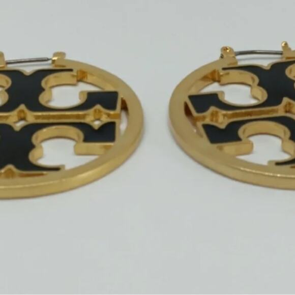 Tory Burch Gold and Black Enamel Logo Hoop Earrings NWT - Picture 3 of 8